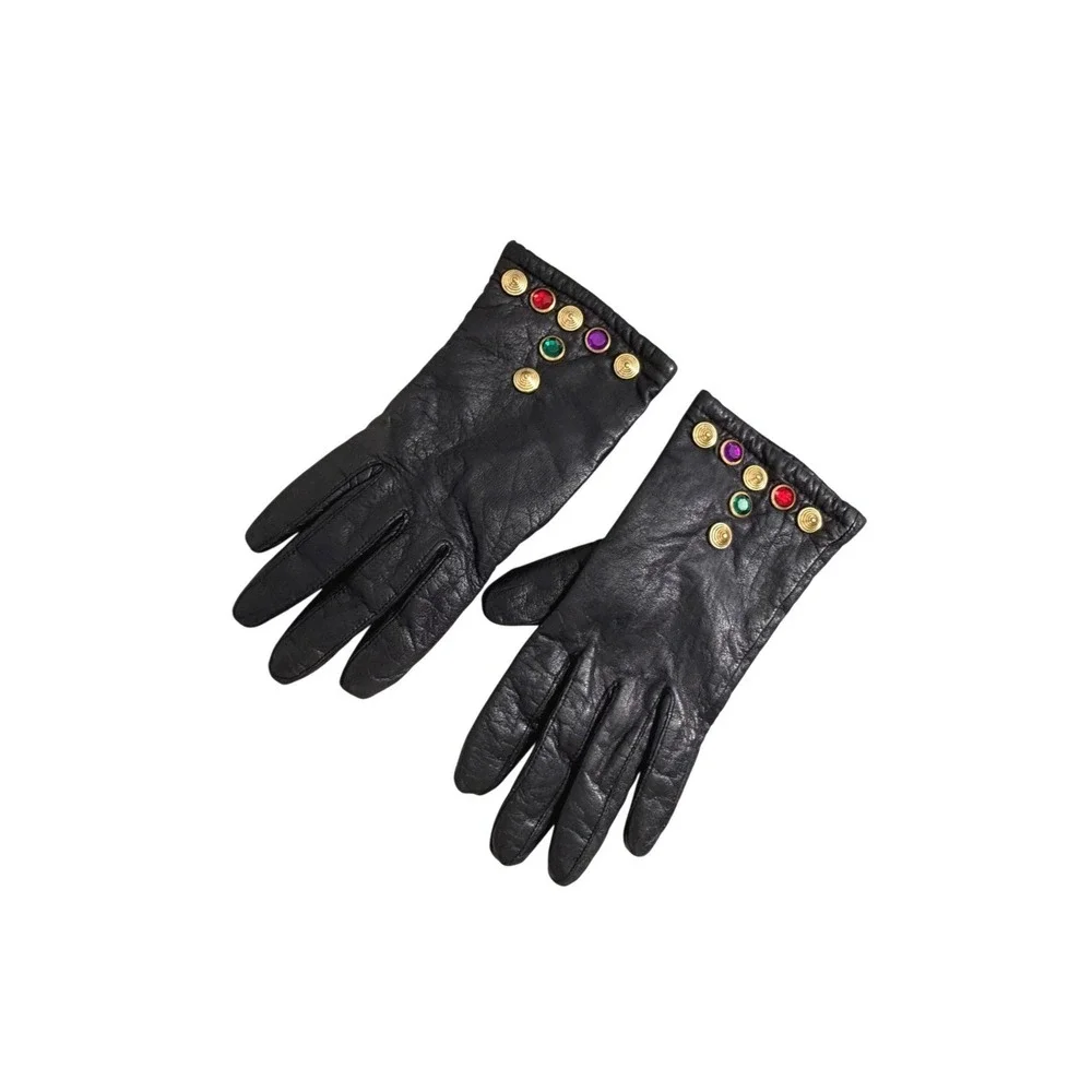 Vintage Black Genuine Leather Studded Gloves Womens Medium M 80s 90s Style